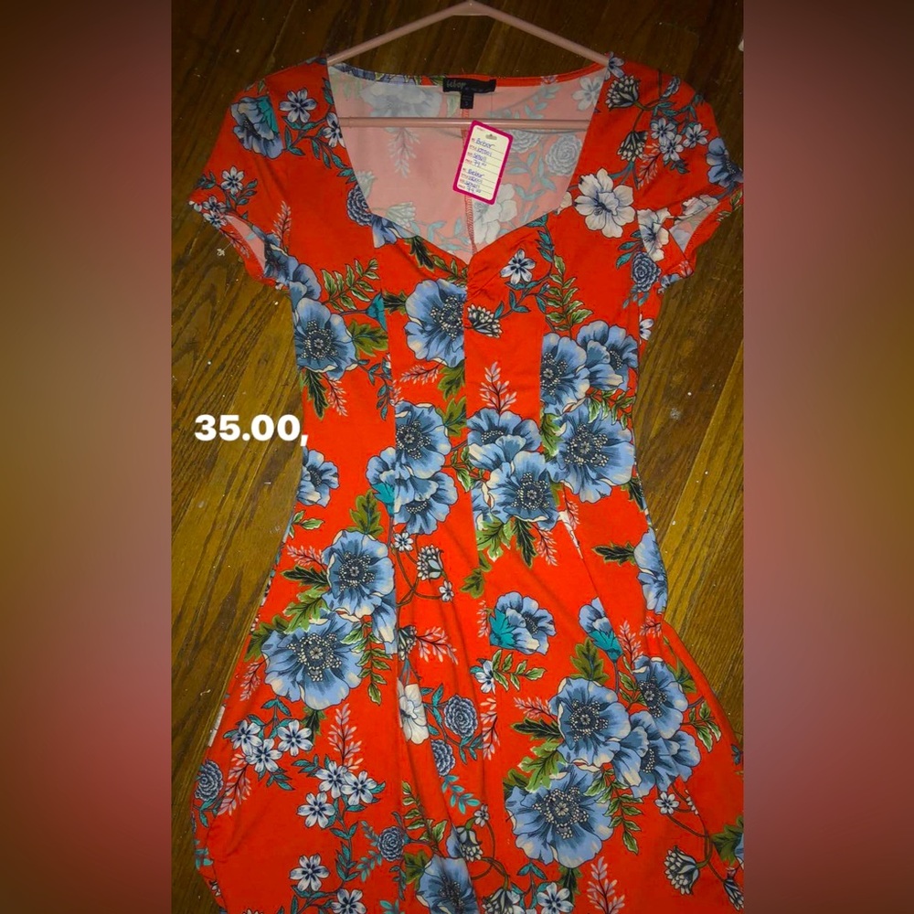 Bebor red dress ,tight in the waist, blue flowers